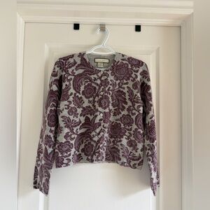Eileen Fisher Grey and Purple Floral Crewneck Cardigan